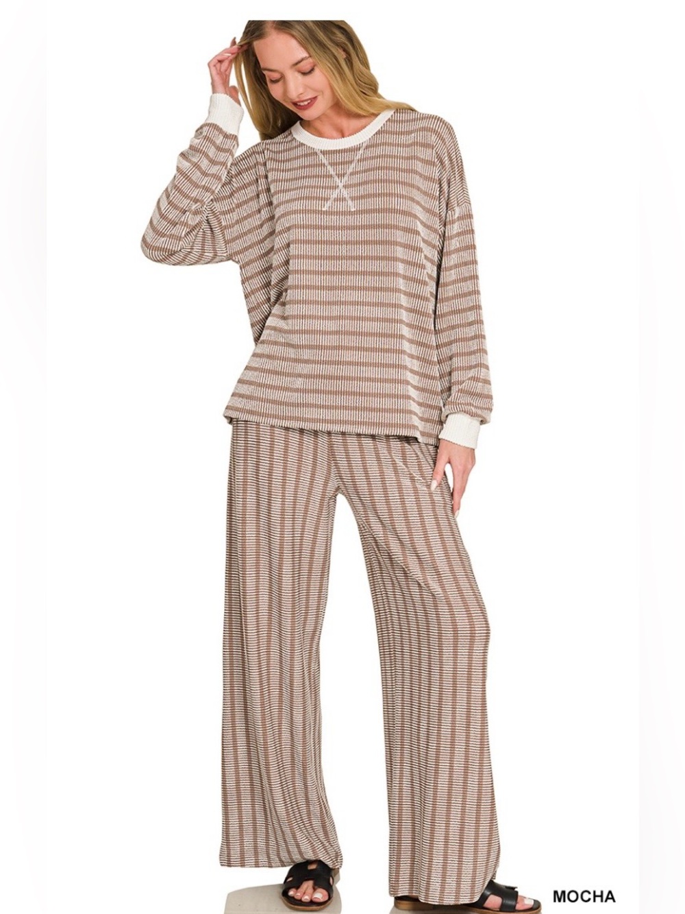 Zenana Outfitters Mocha/White Striped Knit Lounge Set